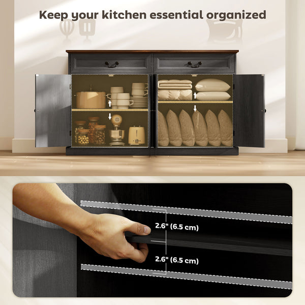 Buffet style ferme avec station de recharge, 2 tiroirs et 2 étagères réglables, finition bois gris