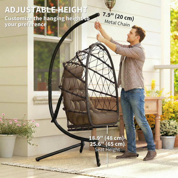 Fauteuil suspendu avec support, en rotin tressé avec coussin épais et corde de sécurité, marron