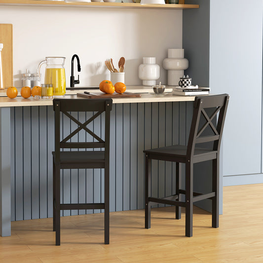 Lot de 2 tabourets de bar, style campagnard, avec dossier, en bois massif pour îlot de cuisine, Noir