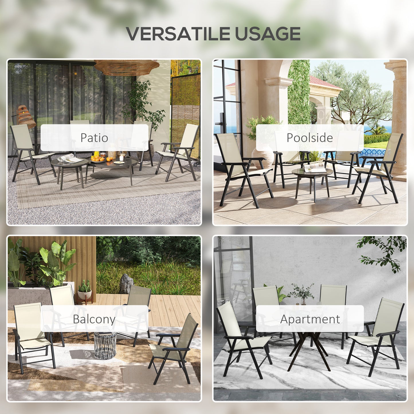Ensemble de 4 chaises pliantes d'extérieur confortable avec accoudoirs, beige