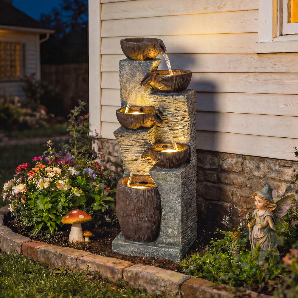 Outdoor cascading stone fountain, 5 tiers, LED lighting, adjustable flow, rustic gray and brown