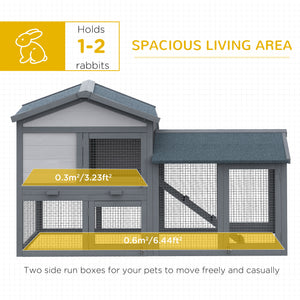 Wood Rabbit Hutch Backyard Bunny Cage Small Animal House Asphalt Roof w/ Ramp and Outdoor Run Dark Grey