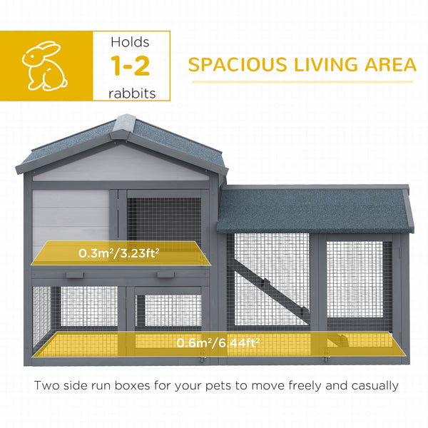 Wood Rabbit Hutch Backyard Bunny Cage Small Animal House Asphalt Roof w/ Ramp and Outdoor Run Dark Grey