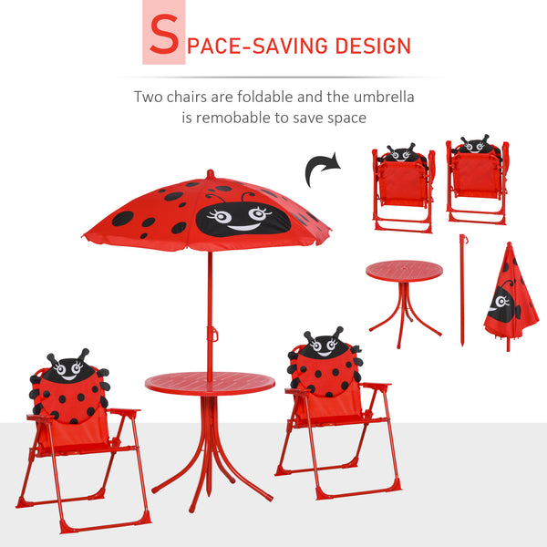 Kids Folding Picnic Table and Chair Set Pattern Outdoor Garden Patio Backyard with Removable & Height Adjustable Sun Umbrella Red