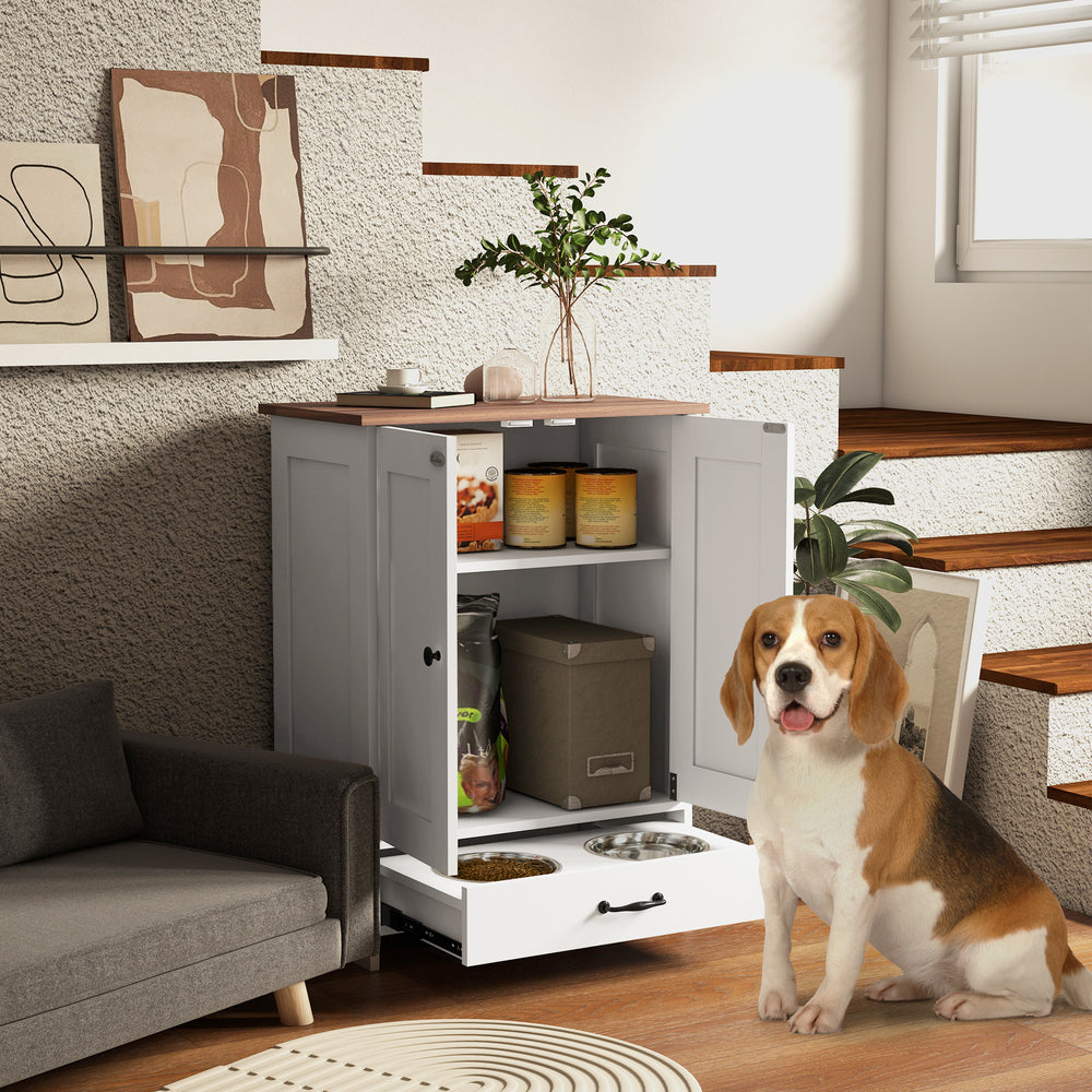 Dog food storage station with bowls, white