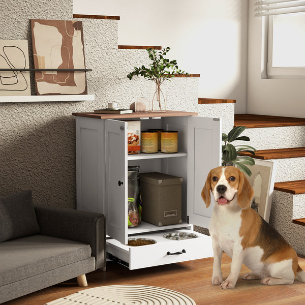 Station de rangement pour nourriture pour chiens avec gamelles, blanc