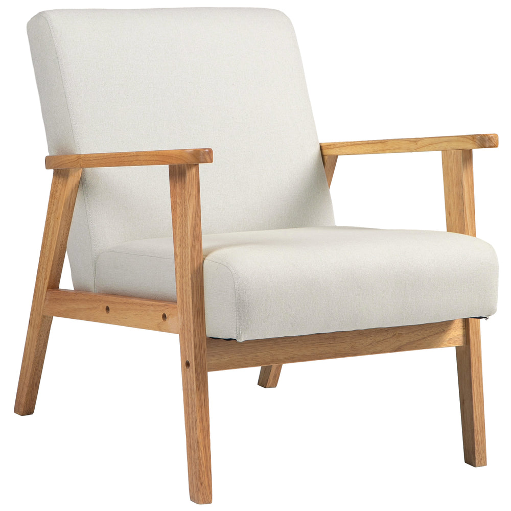 Fauteuil d'appoint rétro en tissu avec accoudoirs en bois, blanc crème
