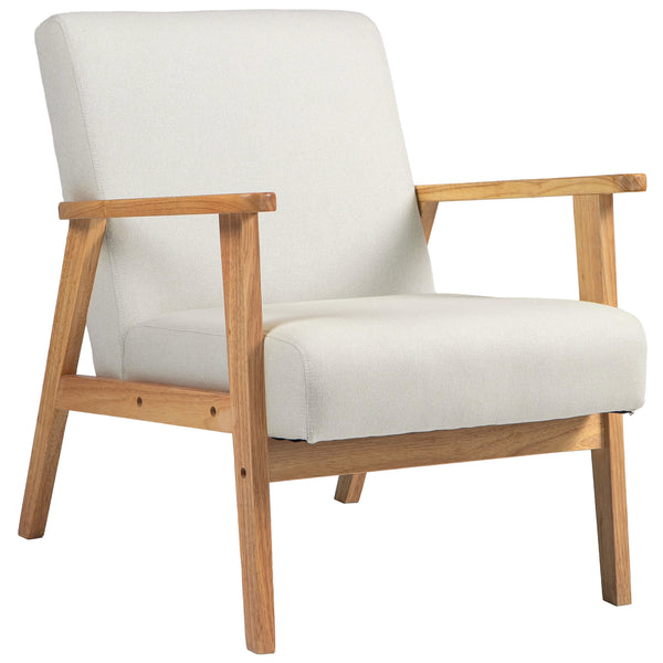 Fauteuil d'appoint rétro en tissu avec accoudoirs en bois, blanc crème