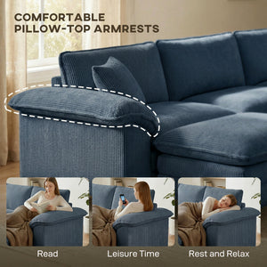 L-shaped sofa with deep seating, removable ottoman, and padded armrests, blue