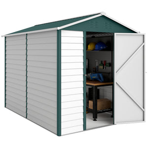 Abri de jardin extérieur avec toit en pente, porte verrouillable, vert
