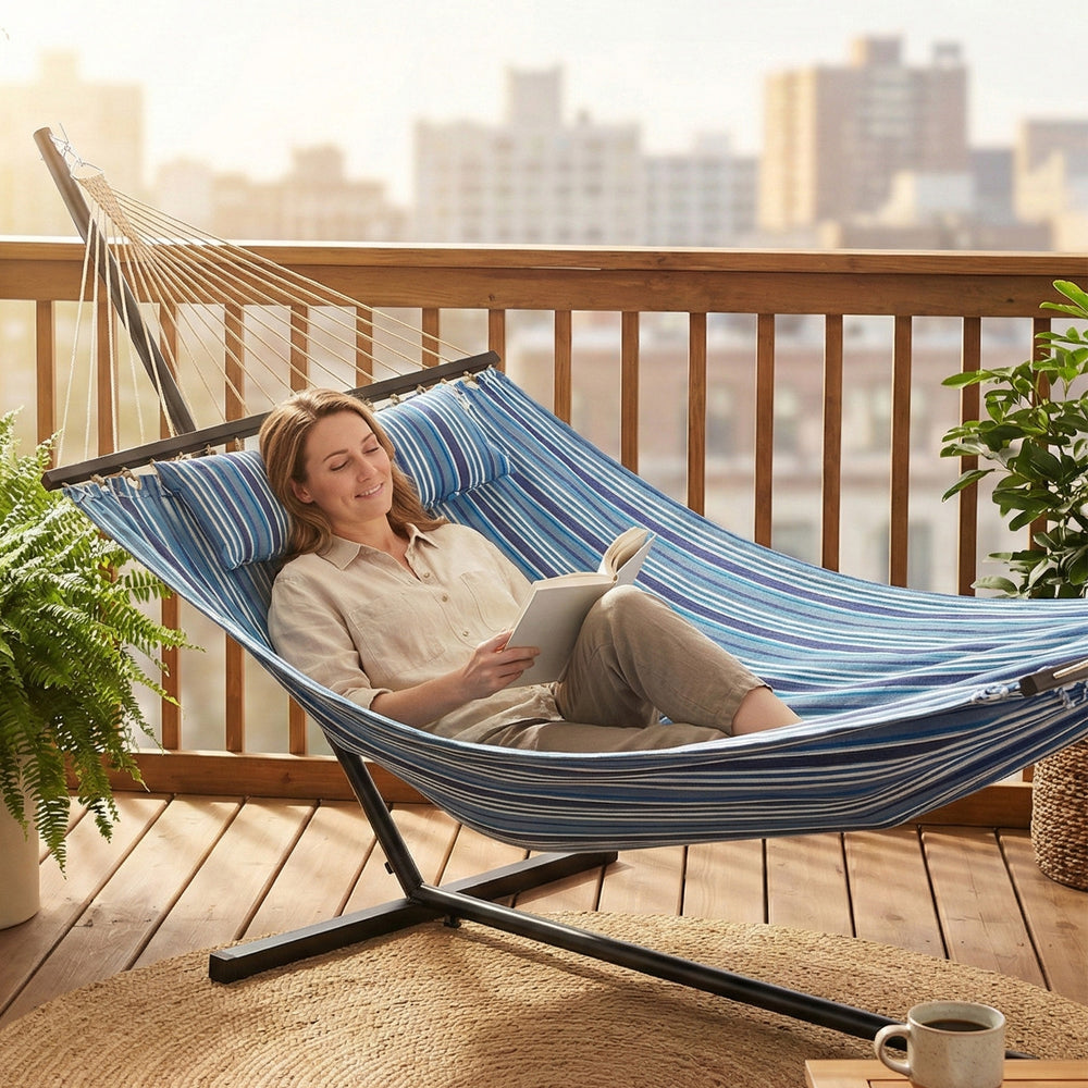 Hamac avec support robuste avec structure en acier pour terrasse et jardin, bleu et blanc