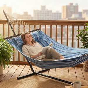 Hamac avec support robuste avec structure en acier pour terrasse et jardin, bleu et blanc