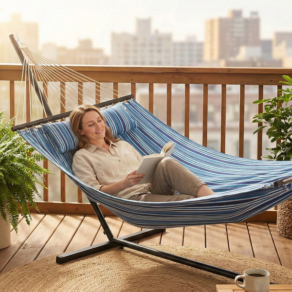 Hamac avec support robuste avec structure en acier pour terrasse et jardin, bleu et blanc