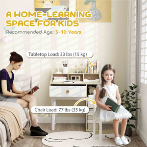 Children's Desk and Chair Set with Storage Shelves and Drawer, Ages 3-10, White