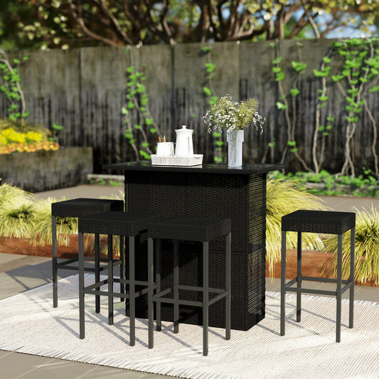 Outsunny 5 Pieces Patio Bar Set, Outdoor PE Rattan Wicker High Top Outdoor Table and Chairs with Glass Top Bar Table and Shelves, 4 Bar Chairs, Black |