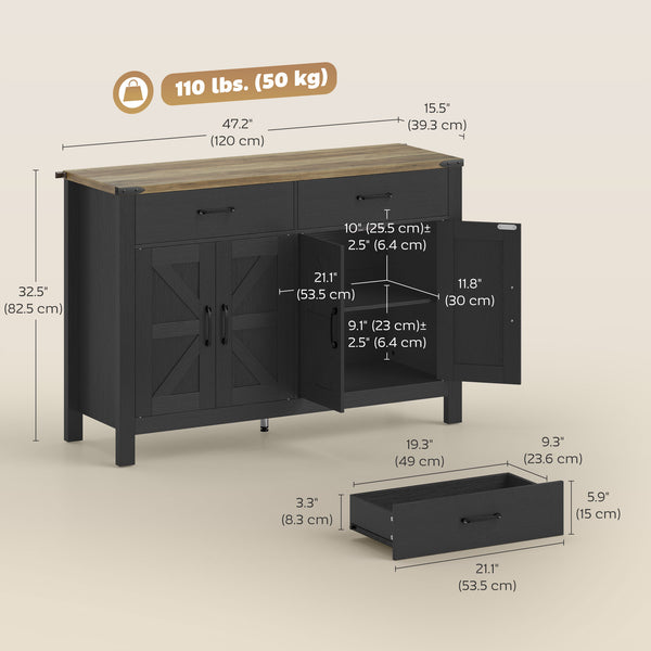 Farmhouse Kitchen Storage Buffet with 2 Drawers and Shelves, Black