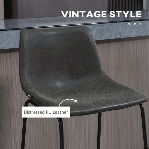 Set of 2 vintage style bar stools in faux leather, dark grey.