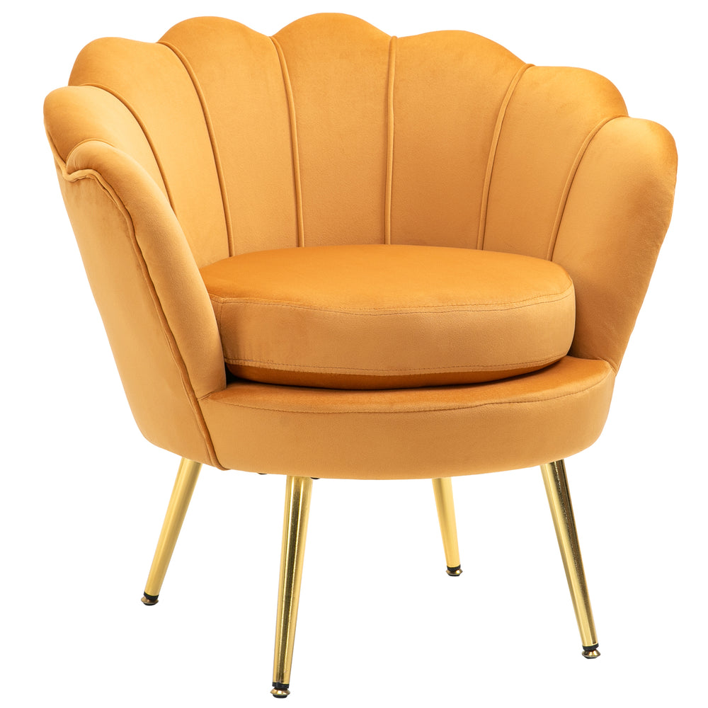 Fauteuil d'appoint lotus en tissu velours avec pieds en métal doré, jaune