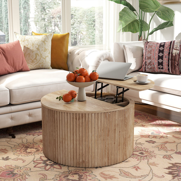 Table basse ronde relevable avec rangement caché effet bois naturel