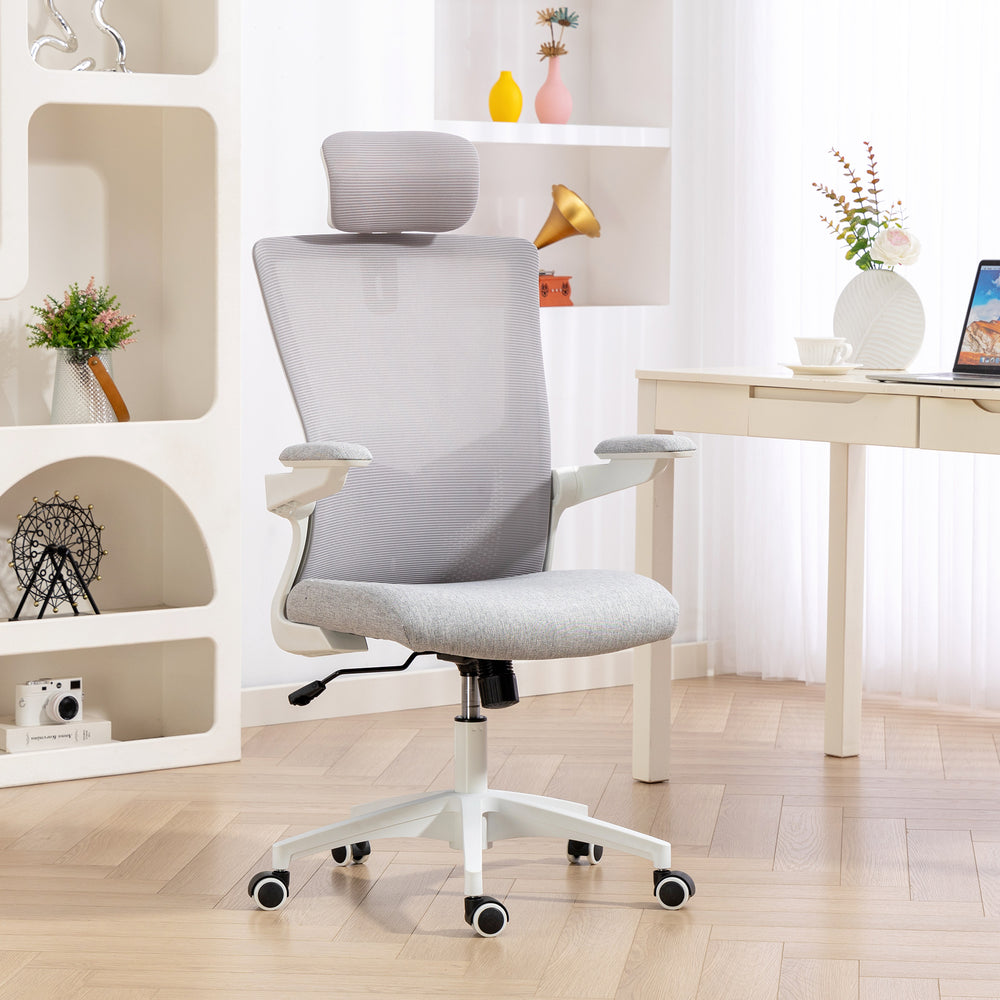 Chaise de bureau ergonomique avec soutien lombaire et appui-tête, grise