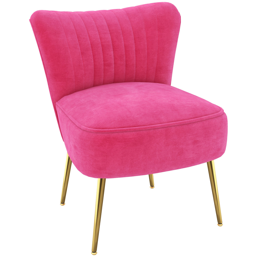 Fauteuil de salon en velours avec pieds en acier doré et dossier capitonné, rose