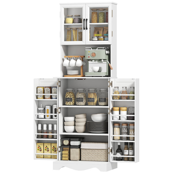 Armoire garde-manger blanche avec portes vitrées, 8 tablettes de porte et espace pour cafetière