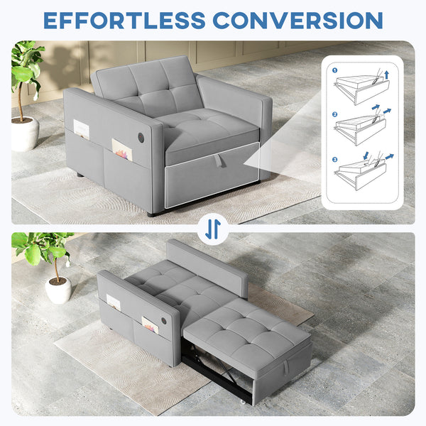 Fauteuil convertible en lit avec port USB, dossier réglable, en velours, gris