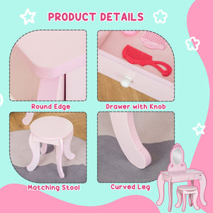 Coiffeuse pour enfants avec miroir et tabouret, rose