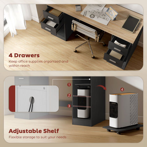 Desk with 4 reversible drawers and mobile PC stand, black