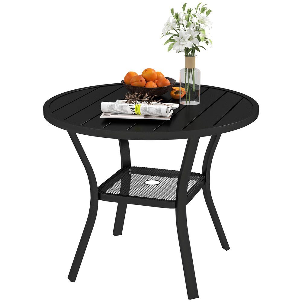 35.5" Round Outdoor Dining Table for 4, Metal Garden Patio Table with 1.6"-2" Umbrella Hole, Shelf, Slatted Top, Black