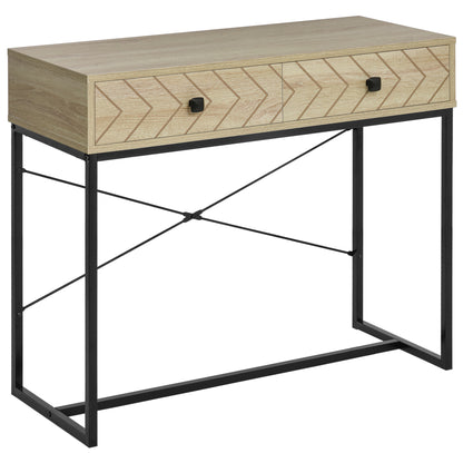 Meuble console avec 2 tiroirs de rangement, table d'entrée étroite avec cadre en métal, bureau