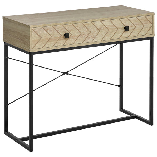 Console table with 2 storage drawers, narrow entry table with metal frame, desk