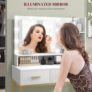 Coiffeuse lumineuse LED avec miroir, 3 tiroirs et étagères de rangement, blanc
