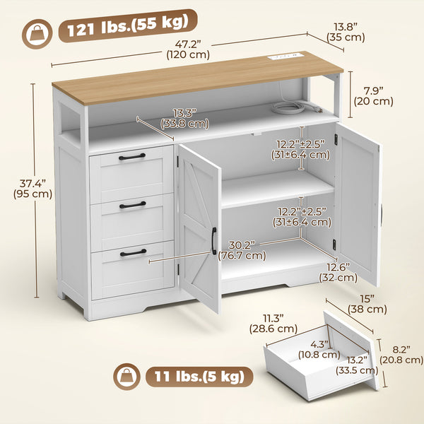 Buffet style champêtre avec station de recharge, 3 tiroirs et rangement ajustable, blanc