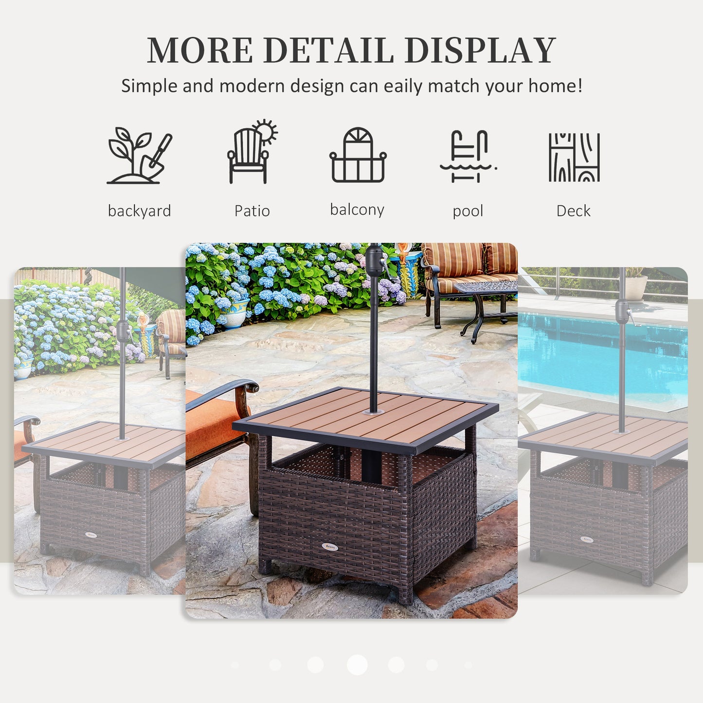 Outsunny 55cm Square Rattan Table with Umbrella Hole, Outdoor Patio Side Table, Can Be Used as an Umbrella Stand, Brown