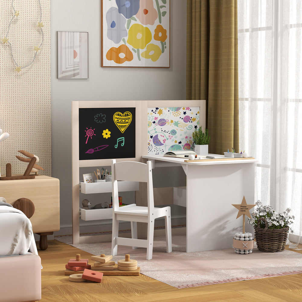 3-in-1 Kids Table and Chair Set with Folding Easel, Storage Shelves and Paper Roll, White
