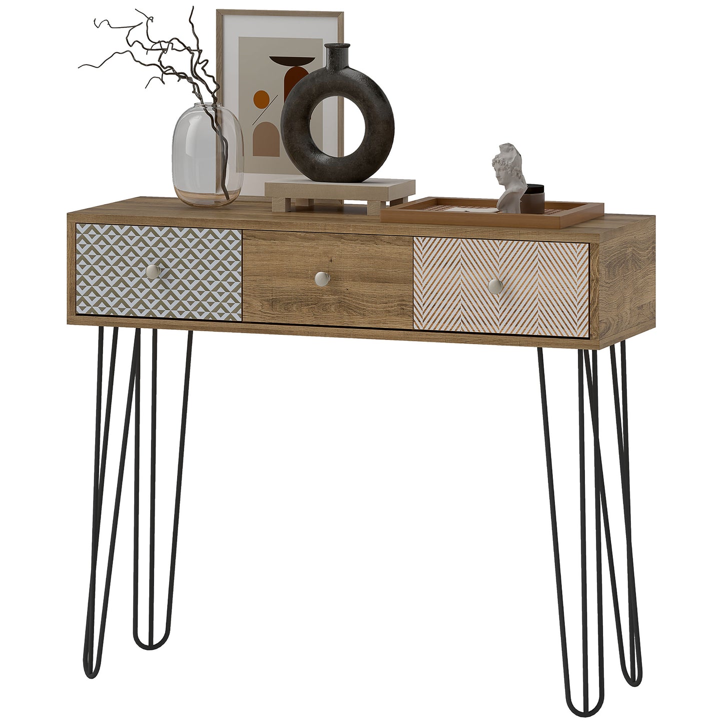 Console avec tiroirs de 89 cm avec pieds en épingle à cheveux, marron