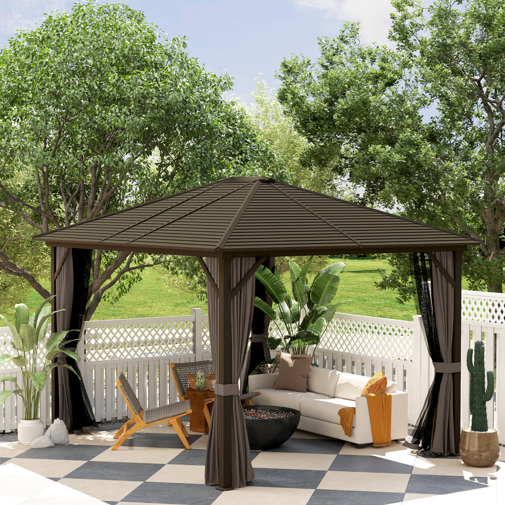 10' x 12' Deluxe Hardtop Gazebo Aluminum Frame Patio Gazebo Garden Sun Shelter Outdoor Pavilion, Coffee