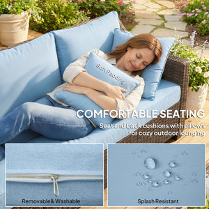 Ensemble de salon de jardin modulable en résine tressée PE, 4 places, avec 2 causeuses, coussins et oreillers, bleu.