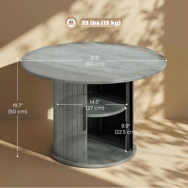 Table basse ronde avec base cannelée et rangement caché à porte coulissante – Gris ciment
