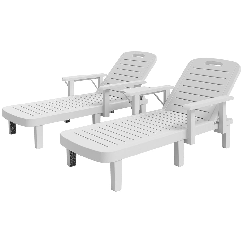 Set of 2 Tanning Chair, 5 Positions Adjustable Outdoor Lounge Chairs with Foldable Side Table, White