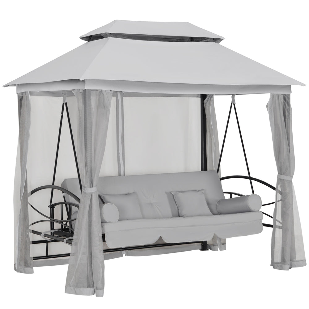Lit de repos d'extérieur 3 places, baldaquin 3 en 1, balançoire, hamac de jardin avec moustiquaire et pare-soleil, gris