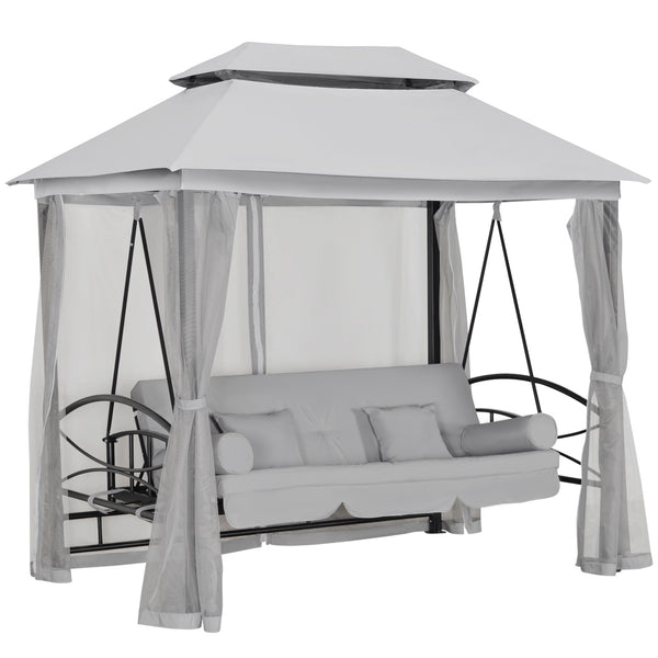 Lit de repos d'extérieur 3 places, baldaquin 3 en 1, balançoire, hamac de jardin avec moustiquaire et pare-soleil, gris