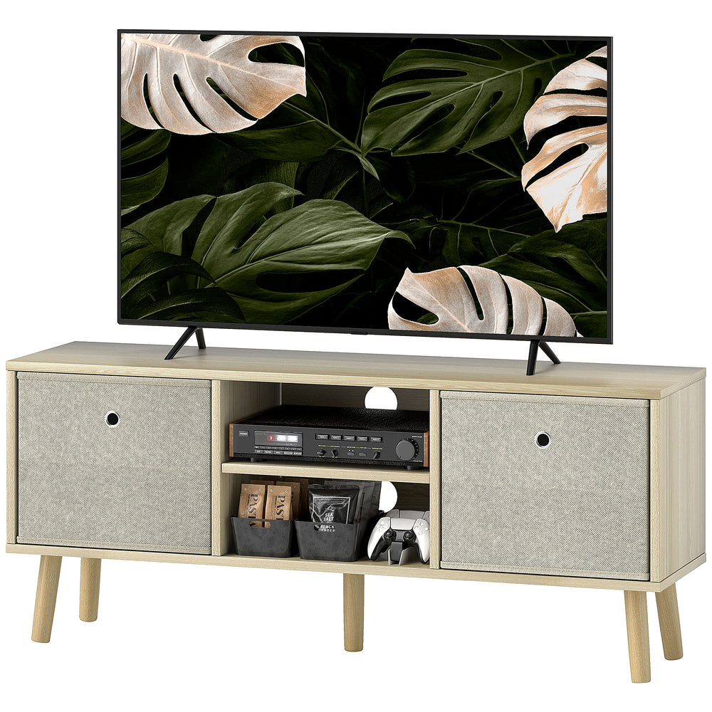 Meuble TV moderne avec tiroirs et étagères pliables, couleur naturelle