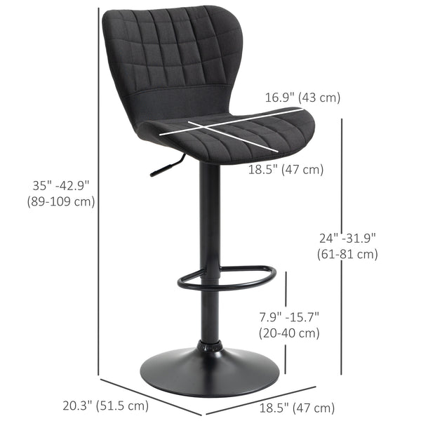 Set of 2 bar stools with wide seat, backrest and footrest, black