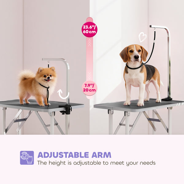 Foldable grooming table with adjustable arm and non-slip surface, black