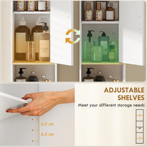 Tall bathroom storage cabinet with drawer, adjustable shelves, open compartment, white
