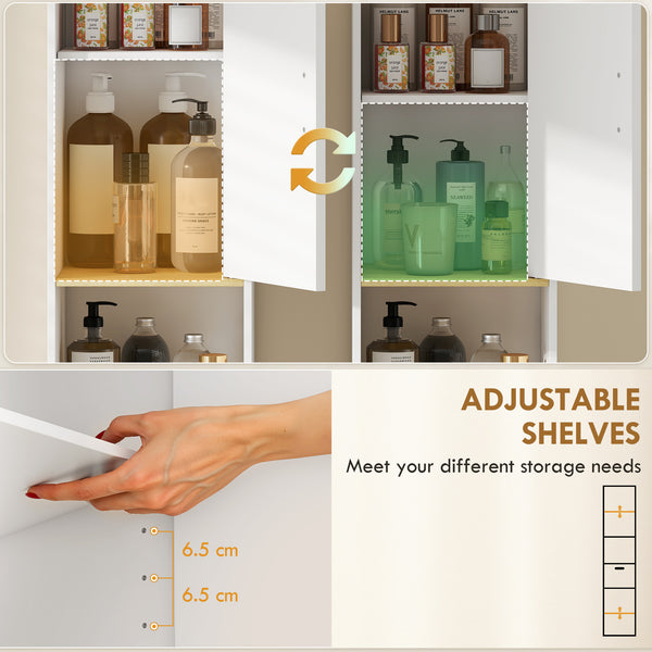 Tall bathroom storage cabinet with drawer, adjustable shelves, open compartment, white