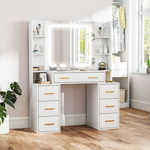 Coiffeuse avec miroir et éclairage, 7 tiroirs et 8 étagères, blanche
