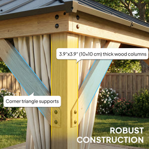 Gazebo d'extérieur 10' x 10' avec toit rigide double en acier, en bois, avec rideaux et crochets, gris clair